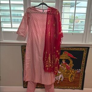Elegant Pink Dress with Red Dupatta